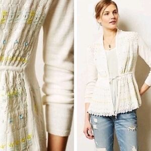 Anthropologie Moth Lazuli‎ Beaded Cardigan Open Front Sweater Cream Large